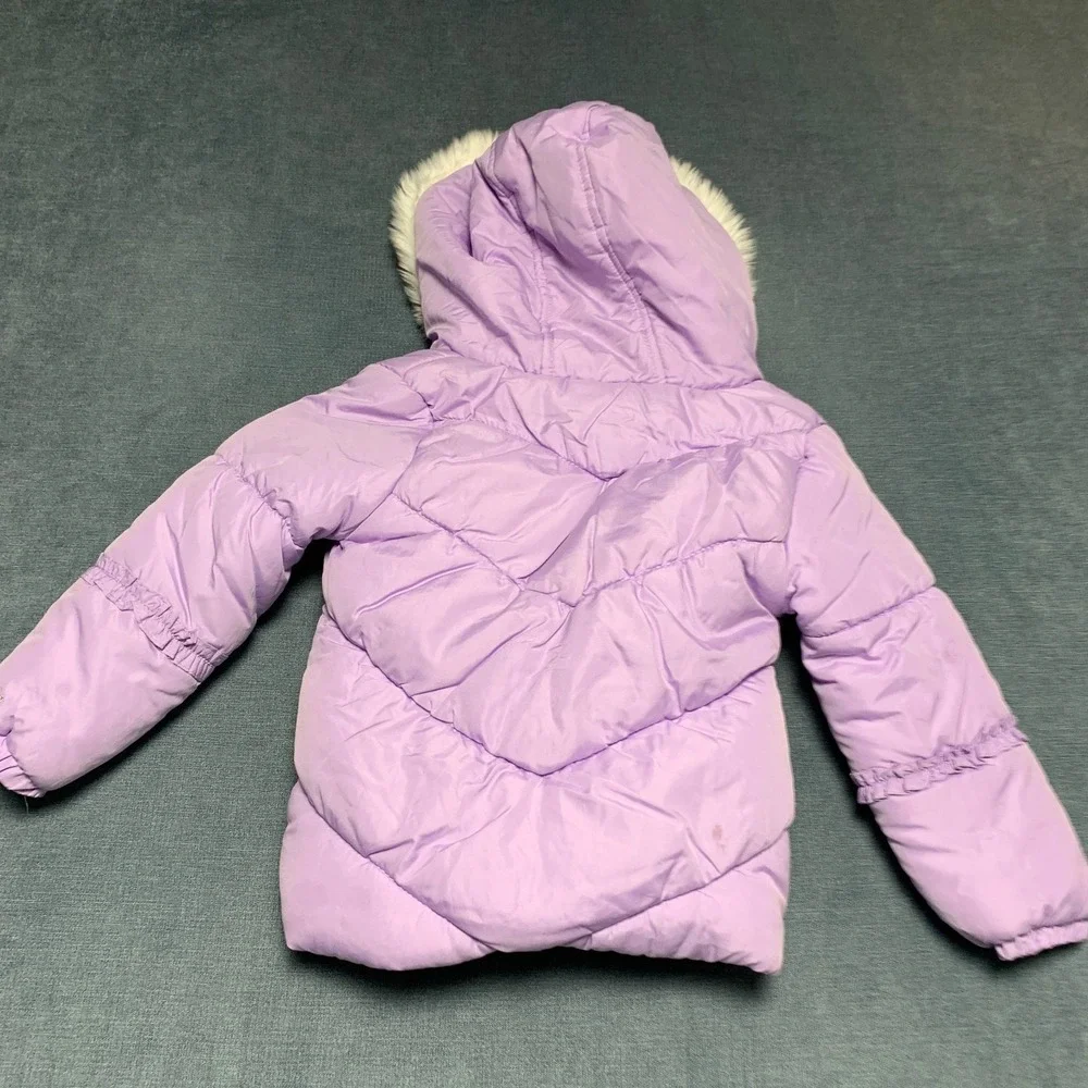 London Fog Puffer Jacket Girls S/4 Purple Faux Fur Trim Hood Fleece Lined Warm